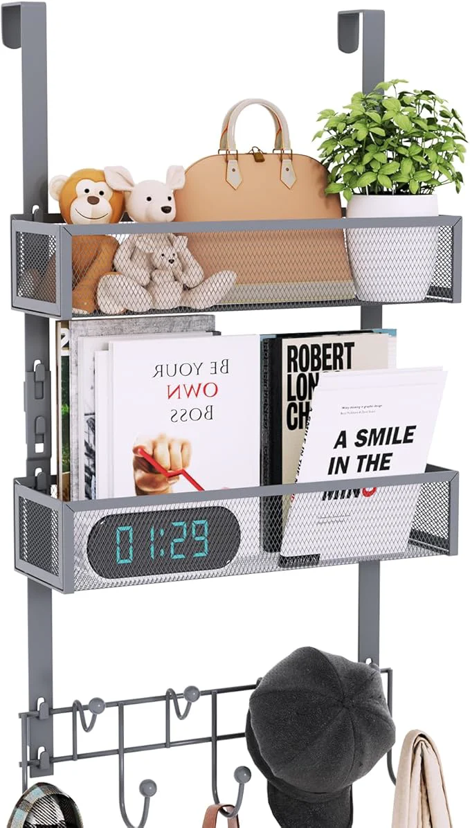 Green Consumest Over The Door Hooks Organizer - Extra Long Door Hanger with 9 Coat Hooks 2 Mesh Basket Back Storage Organizer Hanging Towels for Bathroom Bedroom - Grey for 1.76 in Doors About ThisOverview Elite