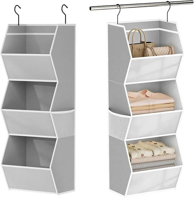 Refined Hanging Closet Organizer 3 Shelf Collapsible Bedroom Closet Organizers and Storage Hanging with Mesh Pockets for Clothes Fabric Hanging Storage Bins for Wardrobe Closet Organization and Storage GreyAbout ThisOverview Dependable
