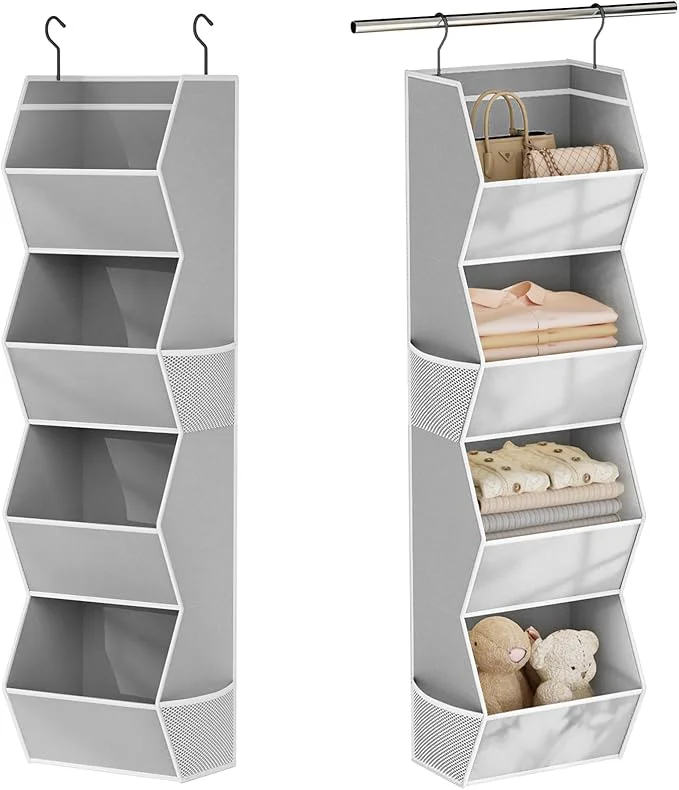 Premium Hanging Closet Organizer 4 Shelf Collapsible Bedroom Closet Organizers and Storage Hanging with Mesh Pockets for Clothes Fabric Hanging Storage Bins for Wardrobe Closet Organization and Storage GreyAbout ThisOverview Lightweight