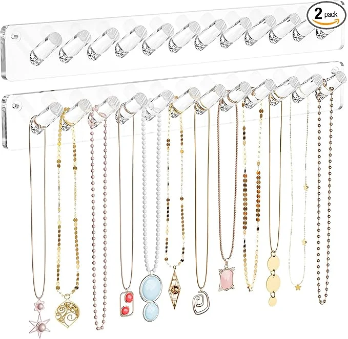 Luxury MaxGear Necklace Holder Wall 2-Pack Clear Acrylic Jewelry Organizer with 24 Hooks Tangle- Display for Necklace Bangles Ring Bracelet Storage for Bathroom Vanity Closet DoorAbout ThisOverview Contemporary