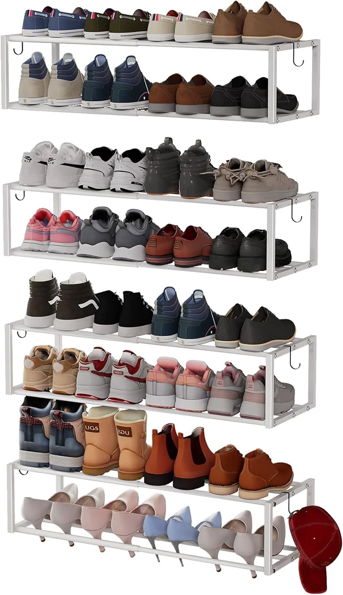 Clean 4 Pack Expandable Wall Mounted Shoe Rack 17 -30 Adjustable Hanging Shoe Rack Holds 24 Pairs Heavy Duty Metal Shoe Racks Holder with 8 Storage Hooks Space Saving for Entryway Closet Doorway（White About ThisOverview Elegant