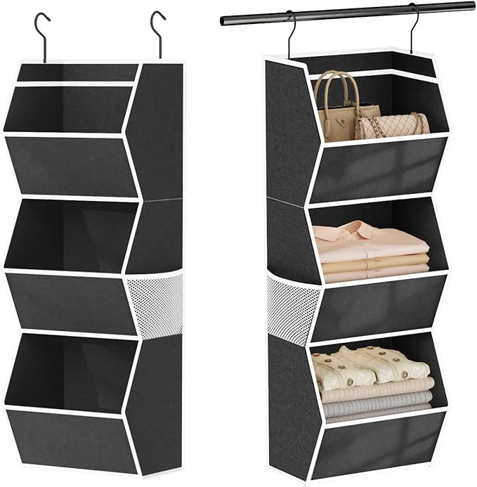 Refined Hanging Closet Organizer 3 Shelf Collapsible Bedroom Closet Organizers and Storage Hanging with Mesh Pocket for Clothes Closet Hanging Organizers and Storage for Fabric Wardrobe Space Saver BlackAbout ThisOverview Sustainable