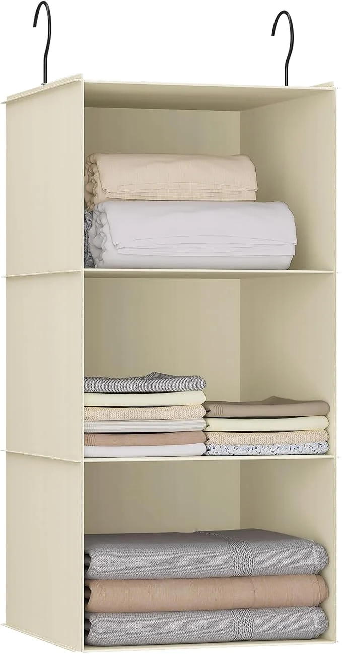 Clean Hanging Closet Organizer and Storage 3-Shelf Easy Mount Foldable Hanging Closet Wardrobe Storage Shelves Clothes Handbag Shoes Accessories Storage Washable Oxford Cloth Fabric BeigeAbout ThisOverview Modern