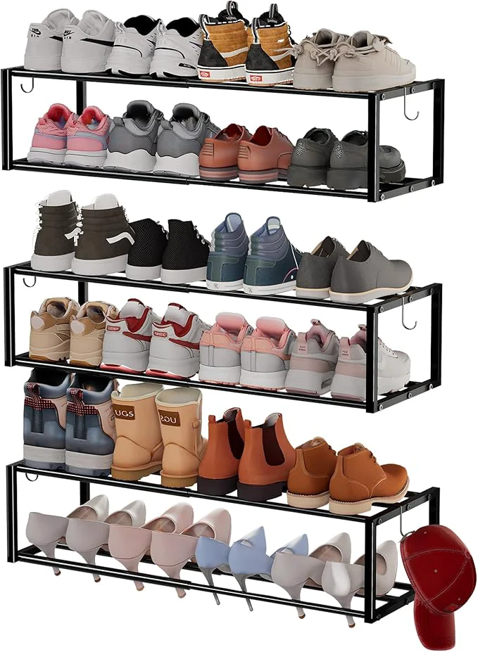 Efficient 3 Pack Expandable Wall Mounted Shoe Rack 17 -31 Adjustable Hanging Shoe Rack Holds 24 Pairs Heavy Duty Metal Shoe Holder with 6 Storage Hooks Space Saving for Entryway Closet Doorway（BlackAbout ThisOverview Outstanding