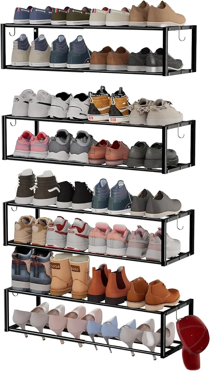 Genuine 4 Pack Expandable Wall Mounted Shoe Rack 17 -31 Adjustable Hanging Shoe Rack Holds 32 Pairs Heavy Duty Metal Shoe Holder with 8 Storage Hooks Space Saving for Entryway Closet Doorway（BlackAbout ThisOverview Sustainable
