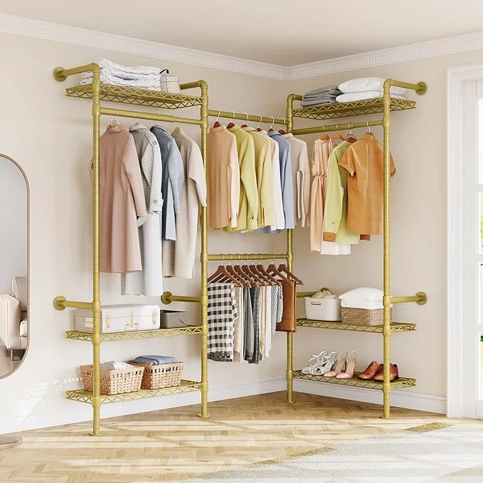 Efficient L3 Industrial Pipe Closet Organizer System Wall Mounted Clothes Rack Clothing Racks with 4 Telescopic Rods 6 Shelves Heavy Duty Closet System in Wardrobe Closet Gold About ThisOverview Minimalist