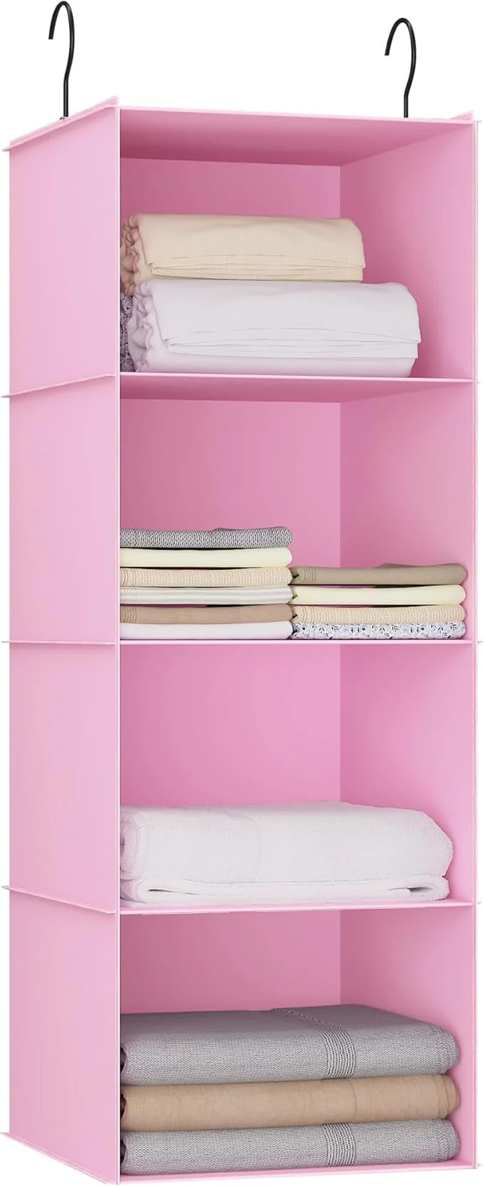 Casual Hanging Closet Organizer Easy Mount Foldable 4-Shelf Hanging Closet Wardrobe Storage Shelves Clothes Handbag Shoes Accessories Storage Washable Oxford Cloth Fabric PinkAbout ThisOverview Detailed