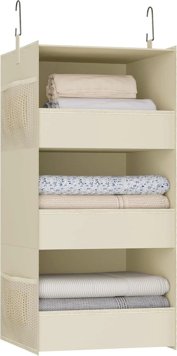 Classic 3-Shelf Hanging Closet Organizer and Storage Foldable Hanging Closet Shelves Front Lip Design Washable Hanging Storage BeigeAbout ThisOverview Smart
