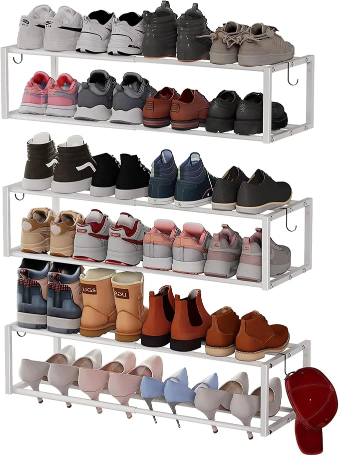 Top-Quality 3 Pack Expandable Wall Mounted Shoe Rack 17 -30 Adjustable Hanging Shoe Rack Holds 18 Pairs Heavy Duty Metal Shoe Racks Holder with 6 Storage Hooks Space Saving for Entryway Closet Doorway（White About ThisOverview Smooth
