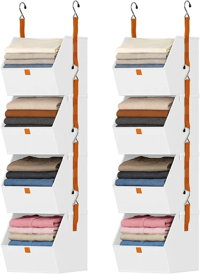 Stylish DIMJ Hanging Closet Organizer - 4 Tier Collapsible Hanging Shelves with Hooks Zipper Fabric Clothes Organizer Space-Saving Storage Bin Basket for RV Bedroom Laundry OrganizationAbout ThisOverview Effective