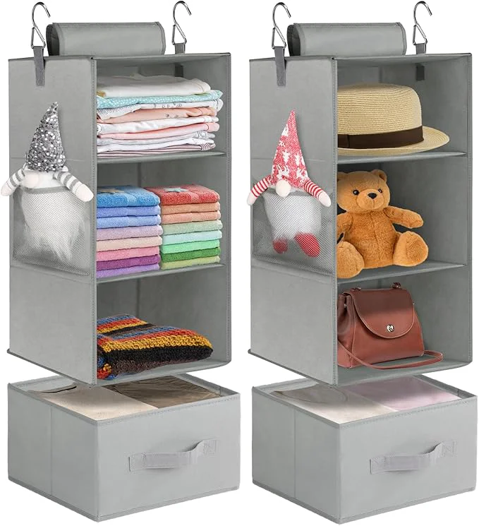 Stylish punemi 3-Shelf Hanging Closet Organizer 2 Pack Closet Hanging Organizer with Drawers Foldable Hanging Closet Shelves for Rv Camper Locker 22.8 D x 11 W x 11 H GreyAbout ThisOverview Original Design