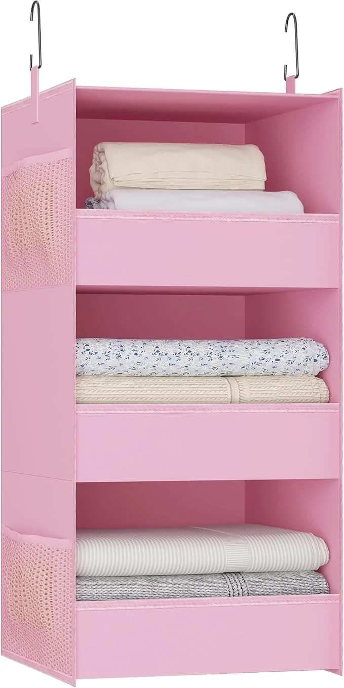 Solid 3-Shelf Hanging Closet Organizer and Storage Foldable Hanging Closet Shelves Front Lip Design Washable Hanging Storage PinkAbout ThisOverview Organic
