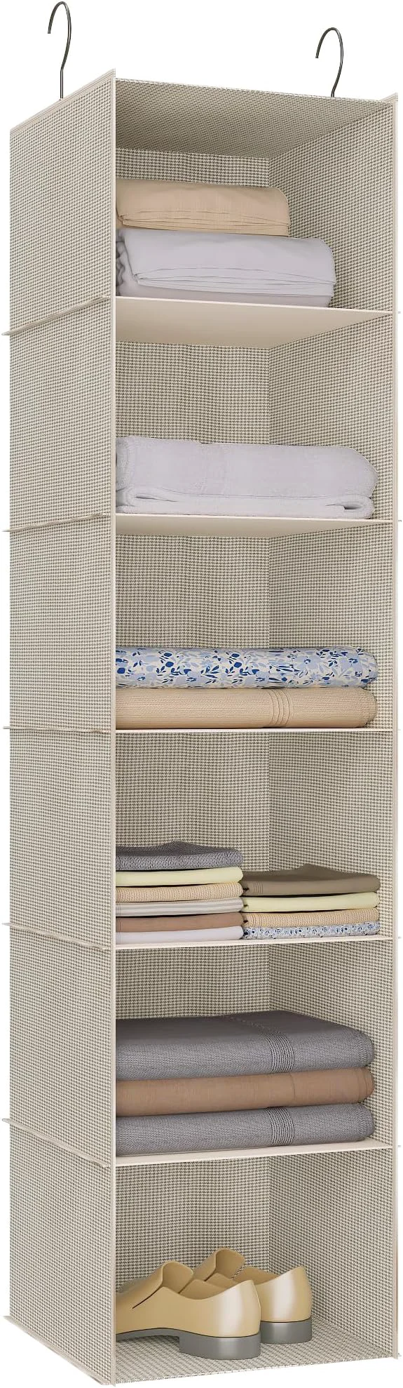 Expertly Made Hanging Closet Organizer Easy Mount Foldable 6-Shelf Hanging Closet Wardrobe Storage Shelves Clothes Handbag Shoes Accessories Storage Imitation Linen Fabric Beige HoundstoothAbout ThisOverview Eco-Friendly