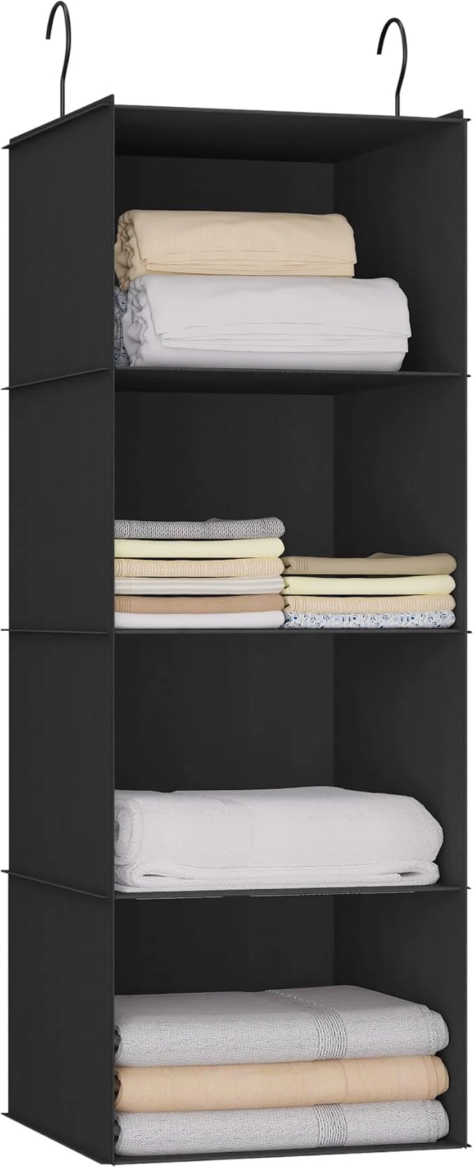 Superior Hanging Closet Organizer Easy Mount Foldable 4-Shelf Hanging Closet Wardrobe Storage Shelves Clothes Handbag Shoes Accessories Storage Washable Oxford Cloth Fabric BlackAbout ThisOverview Dependable