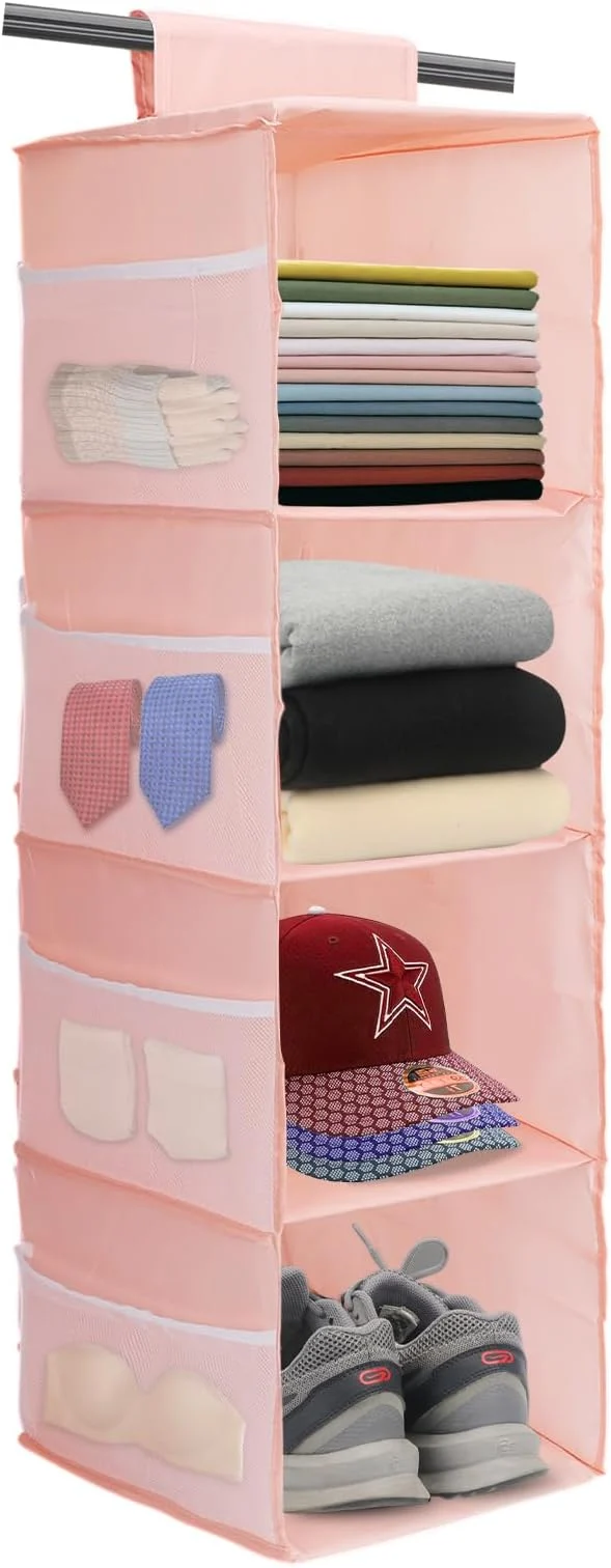 Premium Material PetsHome 4-Shelf Hanging Closet Organizer Space Saver Closet Hanging Storage Shelves with Mesh Pockets Tap for Storage Foldable-PinkAbout ThisOverview Trendy