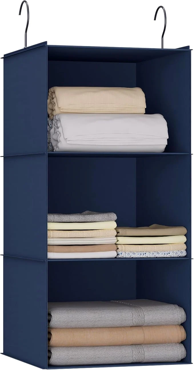Fast Hanging Closet Organizer - 3-Shelf Easy Mount Foldable Wardrobe Storage Shelves for Clothes Handbags Shoes Accessories - Washable Oxford Cloth Fabric Navy BlueAbout ThisOverview Clean