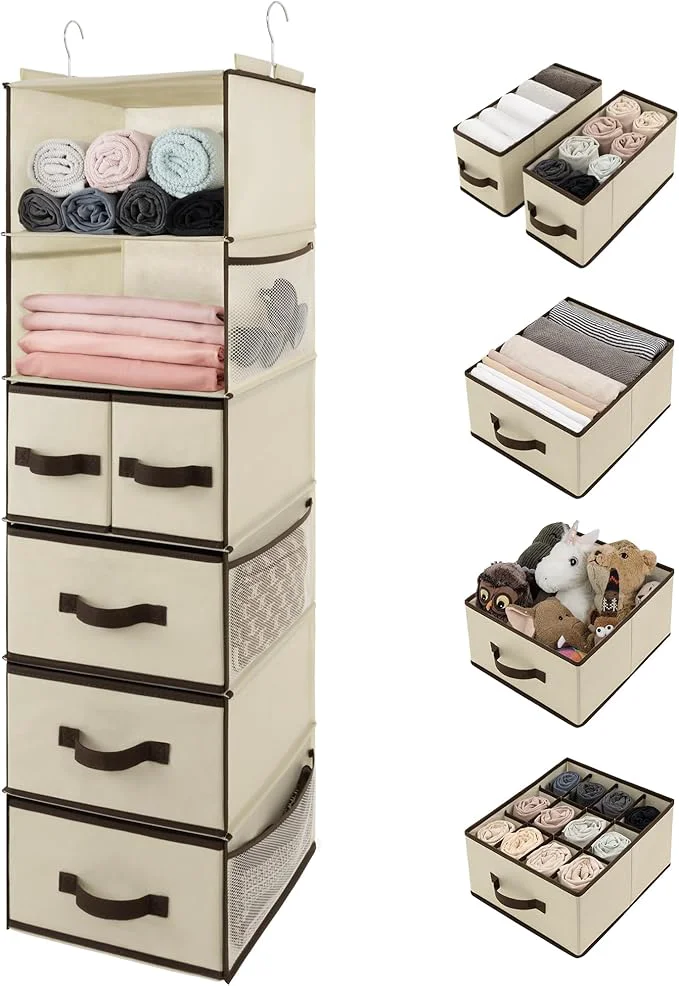 Smart GRANNY SAYS Hanging Closet Organizers and Storage 6 Shelves Closet Hanging Organizer with 5 Drawers 6 Side Pockets Hanging Storage Organizer Portable Clothes Organizer for Closet BeigeAbout ThisOverview Quality