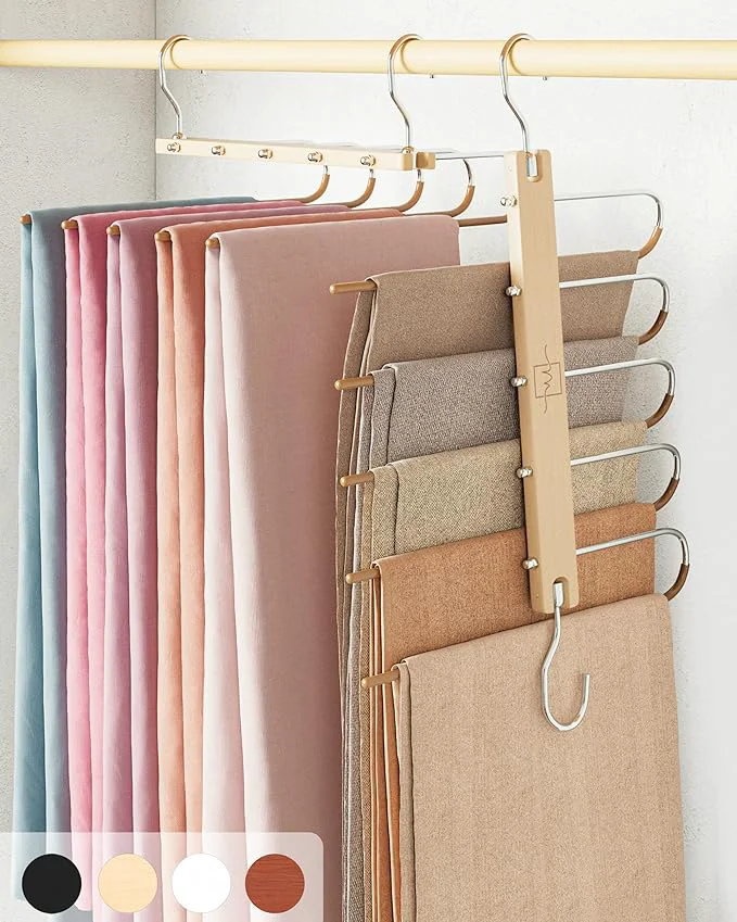 Traditional MORALVE Pants Hangers Space Saving - 2 Pack European Beechwood Scarf and Jean Hangers - Closet Organizer and Space Saver Pant Rack Leggings Hanger and Scarf Holder with 360° Swivel HookAbout ThisOverview Safe
