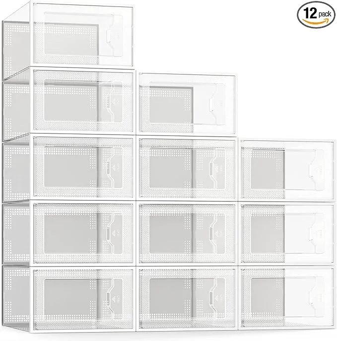 World-Class SEE SPRING 12 Pack Shoe Storage Box Clear Plastic Stackable Shoe Organizer for Closet Space Saving Foldable Shoe Rack Sneaker Container Bin HolderAbout ThisOverview Stylish