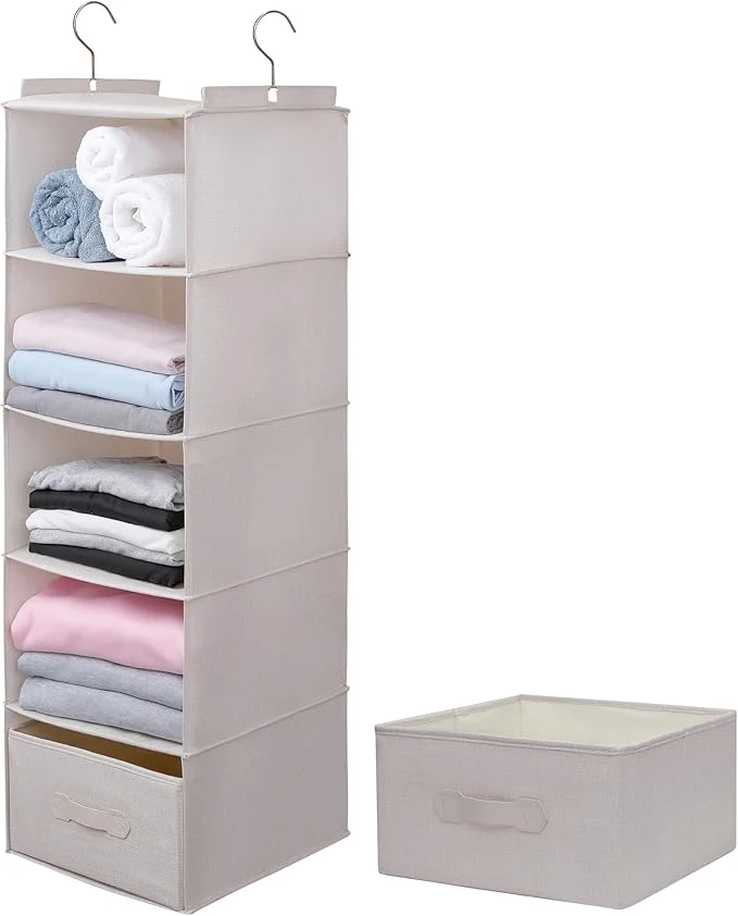 Top-Quality Large Hanging Sweater Organizer for Closet Collapsible 6-Shelf Hanging Closet Shelves with Drawers Washable Beige -5 Shelf-1 d About ThisOverview Elite