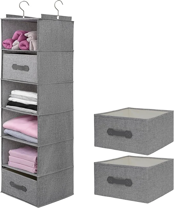 Next-Generation Large Hanging Sweater Organizer for Closet Collapsible 6-Shelf Hanging Closet Shelves with Drawers Washable Grey-6 Shelf-2 d About ThisOverview Superior