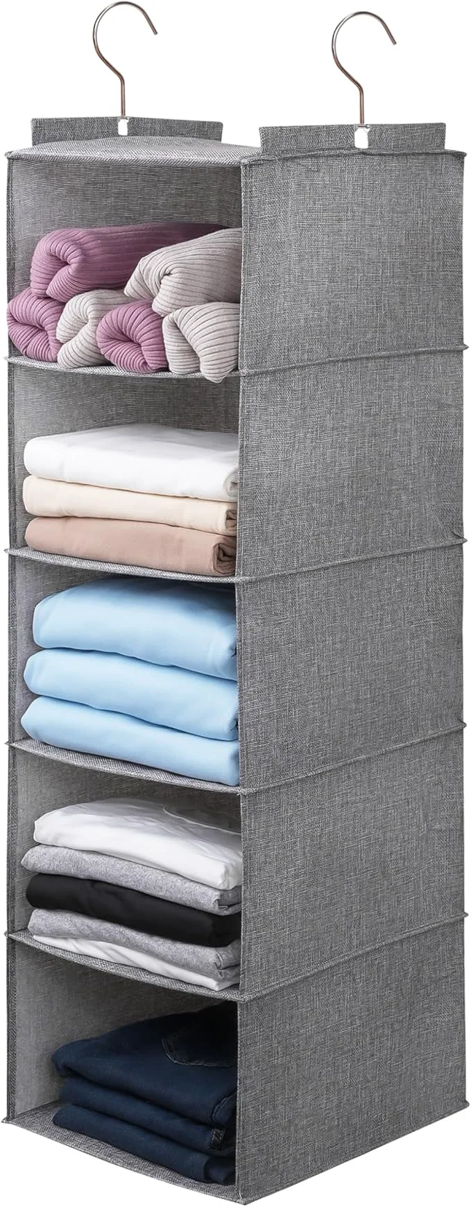 Practical Large Hanging Sweater Organizer for Closet Collapsible 6-Shelf Hanging Closet Shelves with Drawers Washable Grey-5 Shelf About ThisOverview Official