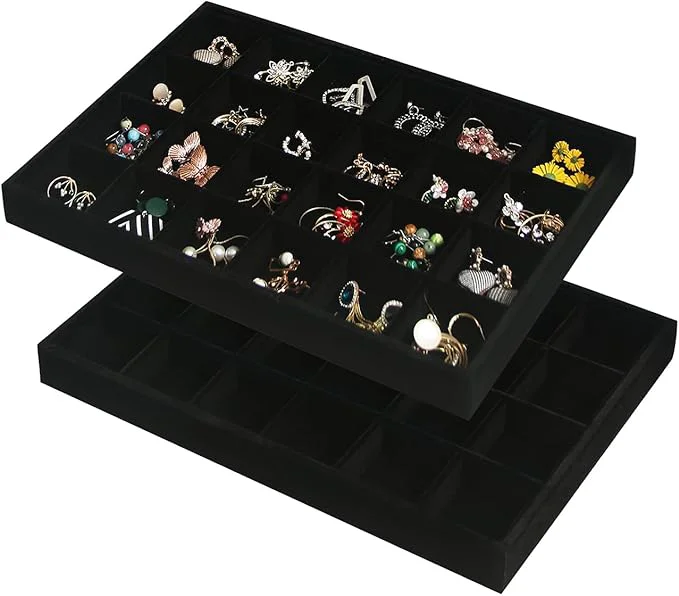 Smooth Coward 2PC Black Velvet Stackable 24 Gird Jewelry Organizer Tray Necklace Earring Box Storage Drawer Ring Earring Display Holder 24grid 24grid About ThisOverview Fine