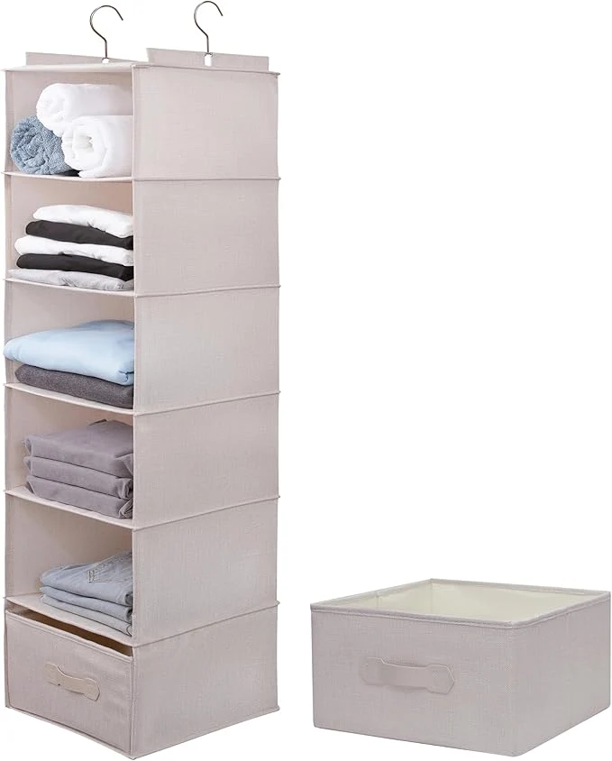 Top-Quality Large Hanging Sweater Organizer for Closet Collapsible 6-Shelf Hanging Closet Shelves with Drawers Washable Beige -6 Shelf-1 d About ThisOverview Elegant