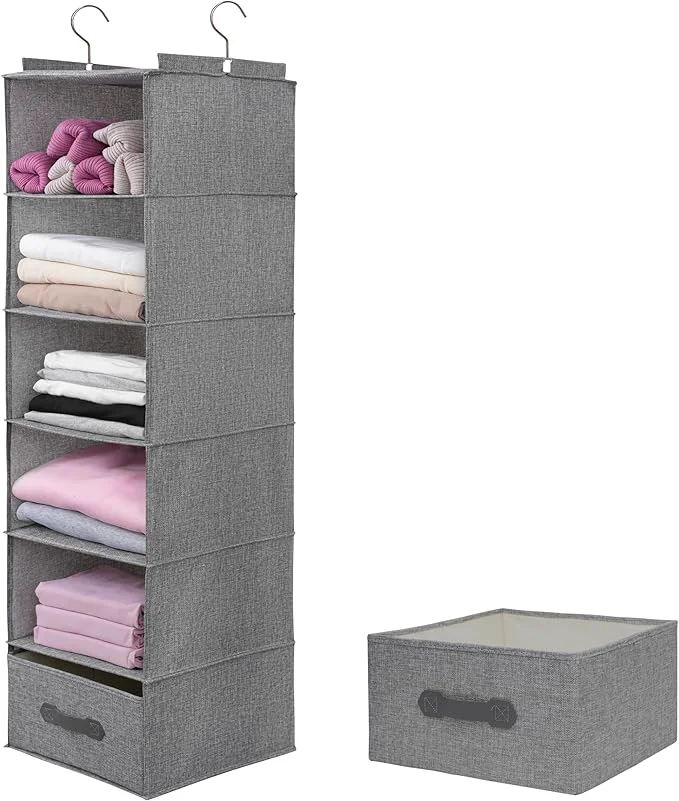 Convenient Large Hanging Sweater Organizer for Closet Collapsible 6-Shelf Hanging Closet Shelves with Drawers Washable Grey-6 Shelf-1 d About ThisOverview Efficient