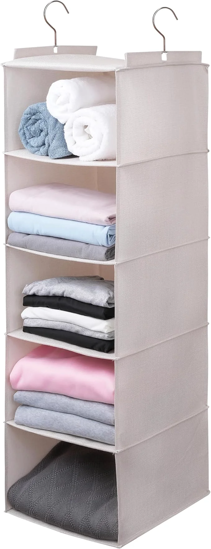 Prestigious Large Hanging Sweater Organizer for Closet Collapsible 6-Shelf Hanging Closet Shelves with Drawers Washable Beige -5 Shelf About ThisOverview Sustainable