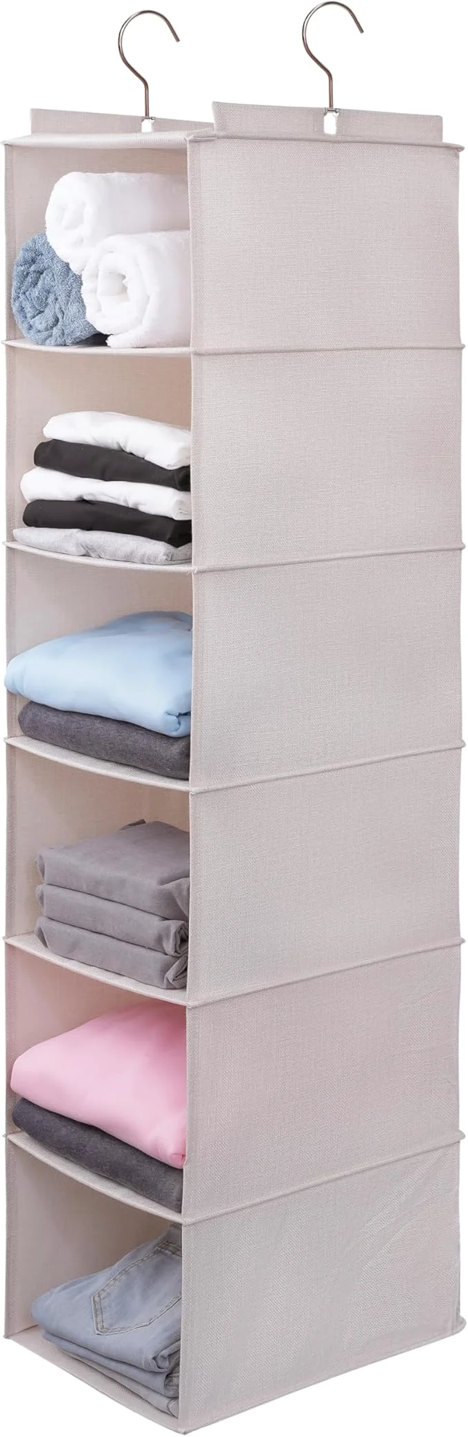 High-Quality Large Hanging Sweater Organizer for Closet Collapsible 6-Shelf Hanging Closet Shelves with Drawers Washable Beige -6 Shelf About ThisOverview Consistent