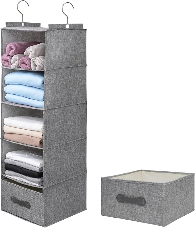 Original Design Large Hanging Sweater Organizer for Closet Collapsible 6-Shelf Hanging Closet Shelves with Drawers Washable Grey-5 Shelf-1 d About ThisOverview Excellent