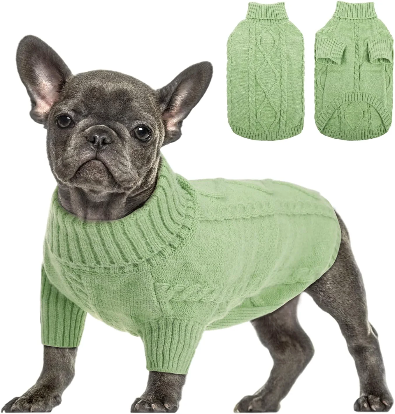 Trendy Queenmore Small Dog Pullover Sweater Cold Weather Cable Knitwear Classic Turtleneck Thick Warm Clothes for Chihuahua Bulldog Dachshund Pug Yorkie Green Large First-Class