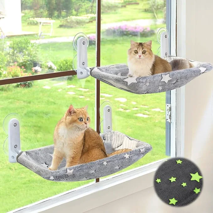 Versatile 2PC Cat Window Perch Glow in The Dark Cordless Foldable Pet Hammock Bed Clean