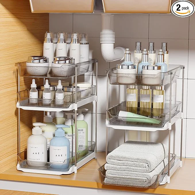 Original Delamu 2 Pack 3-Tier Bathroom Under Sink Organizers and Storage Multi-Purpose Stackable Pantry Organization and Storage Pull Out Clear Kitchen Bathroom Cabinet Organizer with Movable Dividers GreyAbout ThisOverview Quality