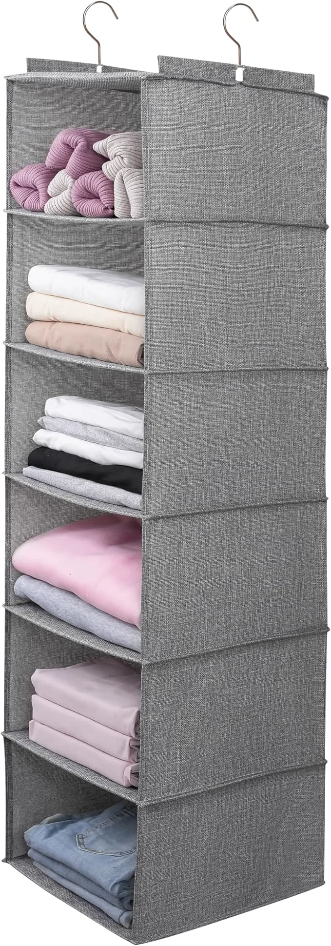 Quality Large Hanging Sweater Organizer for Closet Collapsible 6-Shelf Hanging Closet Shelves with Drawers Washable Grey-6 Shelf About ThisOverview Trendy
