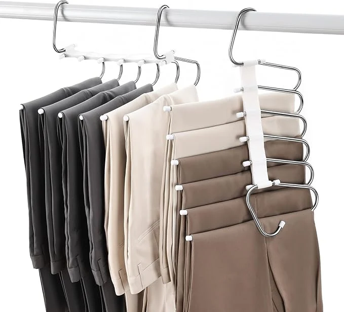 Detailed Upgraded Collapsible Pants Hangers Space Saving 6 Layers Clothes Rack Stainless Steel Multifunctional Closet Organizer Non Slip Metal Hangers for Pants Jeans Skirts Trousers 2 Pack About ThisOverview Safe