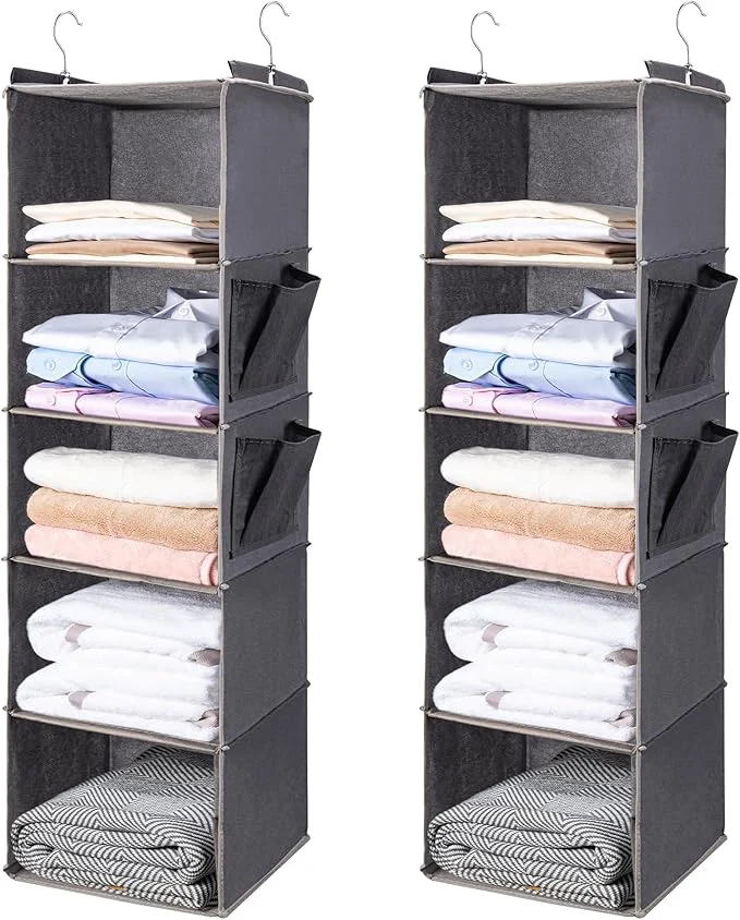 Original BOOMIBOO Hanging Closet Organize and Shelves，5-Hanging Shelf with 2 Side Pockets，Storage Foldable （2 Pack ，Grey）About ThisOverview Flexible
