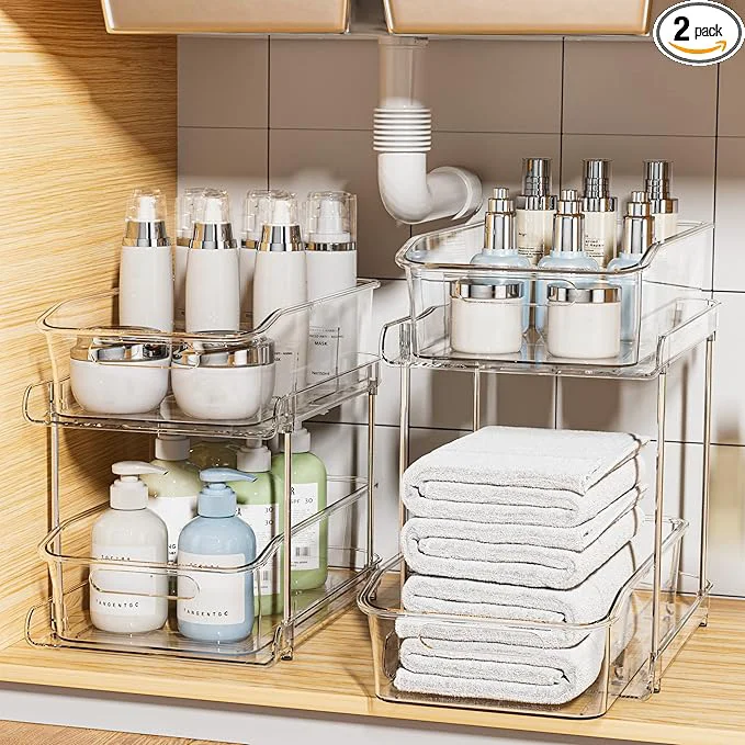 Efficient Delamu 2-Tier Under Sink Organizers and Storage Multi-Purpose Stackable Bathroom Cabinet organizers Pull Out Kitchen Pantry Organization and Storage with Dividers 2 Pack Clear About ThisOverview Flexible