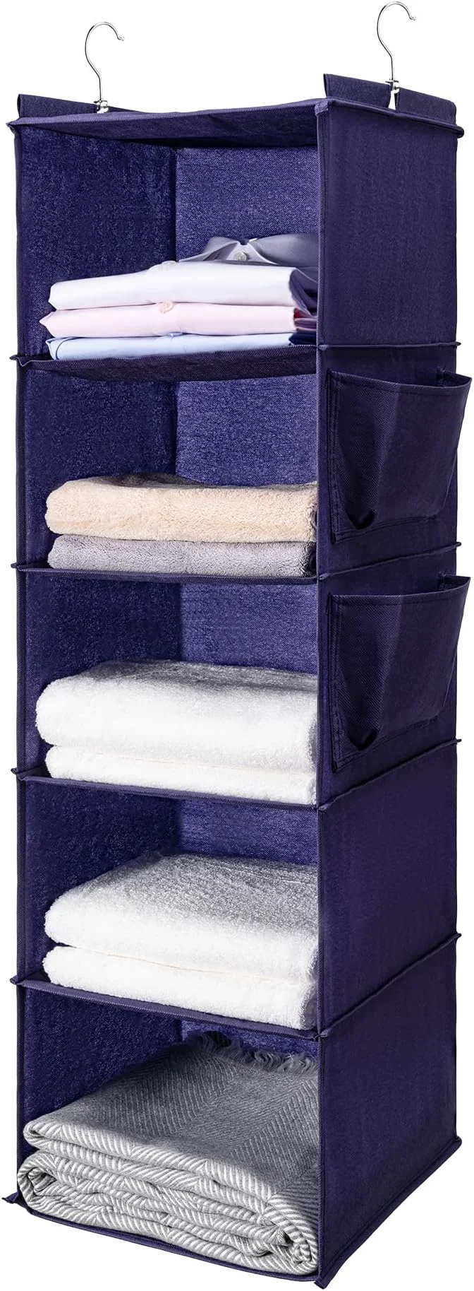 Carefully Designed BOOMIBOO Hanging Closet Organize and Shelves 5-Hanging Shelf with 2 Side Pockets Storage Foldable （Purple）About ThisOverview Recyclable