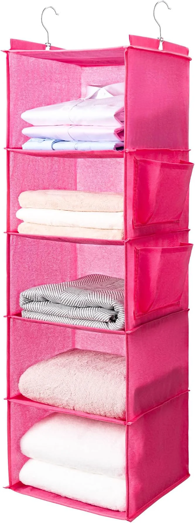 Reliable BOOMIBOO Hanging Closet Organize and Shelves，5-Hanging Shelf with 2 Side Pockets，Storage Foldable （Pink）About ThisOverview Crafted