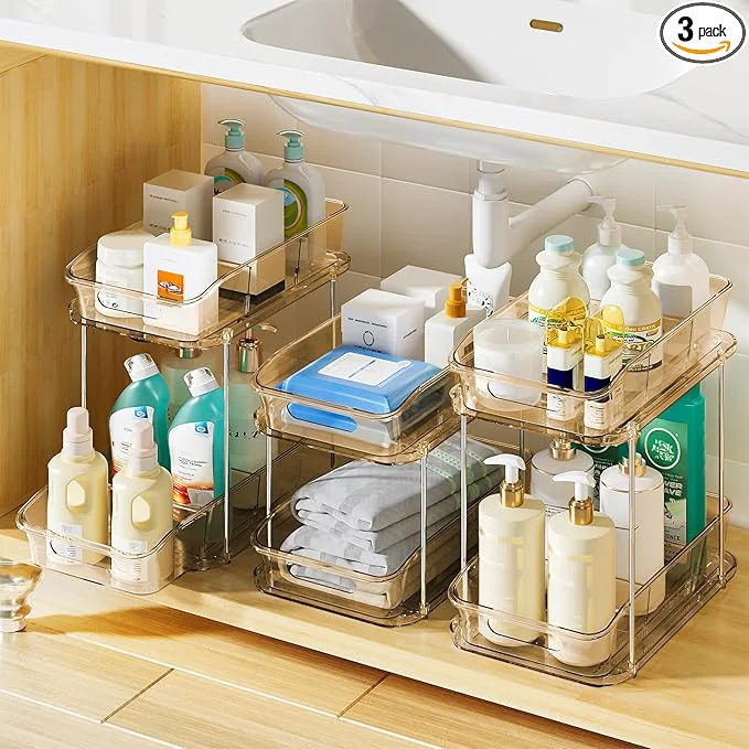 Stylish Delamu 2-Tier Under Sink Organizers and Storage Multi-Purpose Stackable Bathroom Cabinet organizers Pull Out Kitchen Pantry Organization and Storage with Dividers 3 Pack Amber About ThisOverview Optimized
