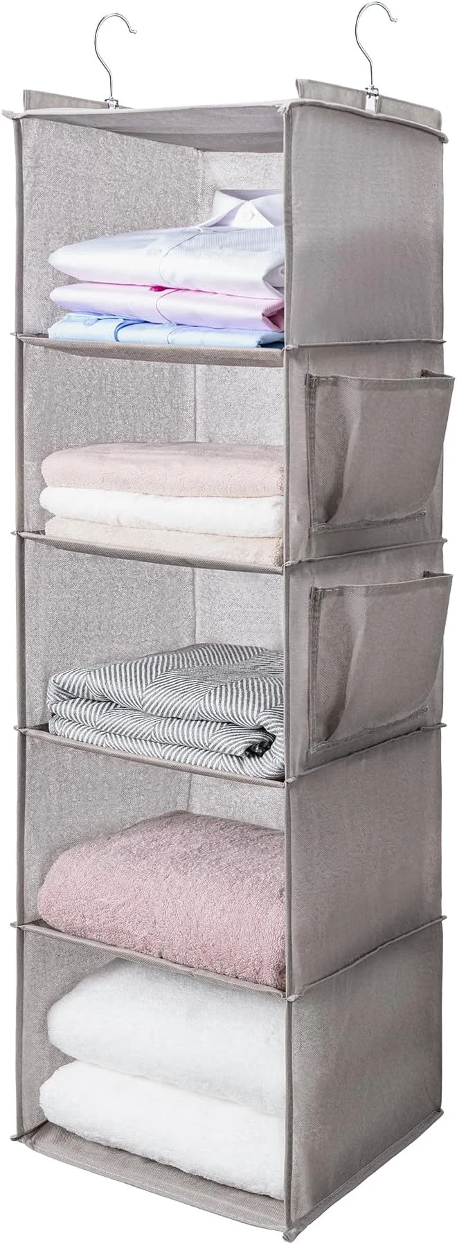 Superior BOOMIBOO Hanging Closet Organize and Shelves，5-Hanging Shelf with 2 Side Pockets，Storage Foldable （Light Grey）About ThisOverview Clean
