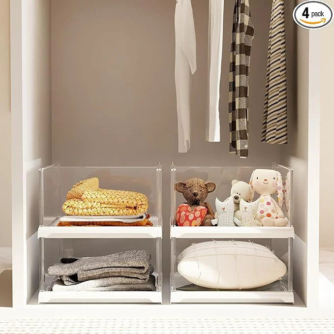 World-Class Vaela 4 Pack Stackable Closet Organizers and Storage Shelves Transparent Multifunctional Foldable Sweater Storage for Closet Bathroom Kitchen Cupboard Laundry Room and OfficeAbout ThisOverview Secure
