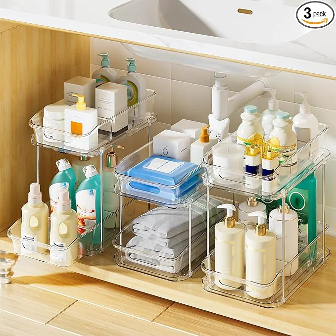 Comfortable Delamu 2-Tier Under Sink Organizers and Storage Multi-Purpose Stackable Bathroom Cabinet organizers Pull Out Kitchen Pantry Organization and Storage with Dividers 3 Pack Clear About ThisOverview Relaxed