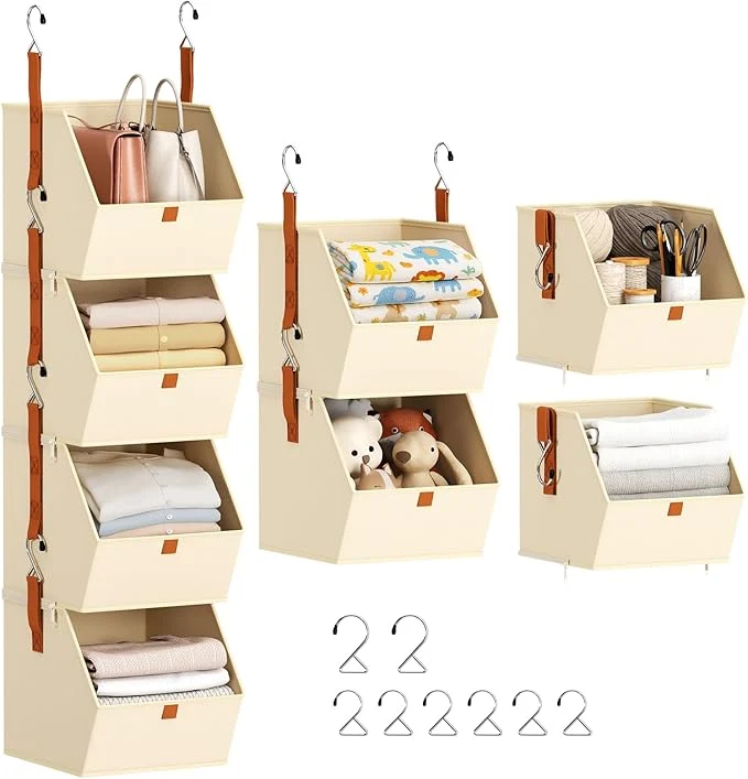 Exclusive Hanging Closet Organizer 4 Tier - Clothes Hanging Shelves Space-Saving Closet System Fabric Storage Bins Bedroom Organization Collapsible Baskets for Home Dorm Rv BeigeAbout ThisOverview High-Performance