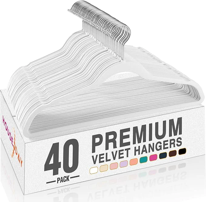 Professional HOUSE DAY White Velvet Hangers 40 Pack Non Slip Clothes Felt Hanger Heavy Duty for Coat Premium Slim Space Saving Suit Hangers for Closet Organizer 360° Rotating Silver HookAbout ThisOverview Trendy