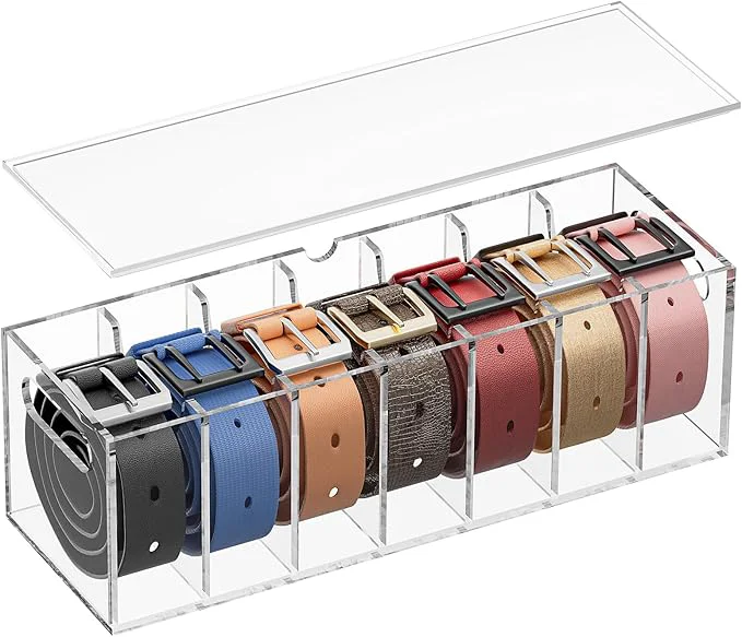 Solid Belt Organizer - Acrylic Belt Storage Holder for Closet with Dust Cover Lid - 7 Compartments Clear Display Case for Tie and Bow TieAbout ThisOverview Versatile