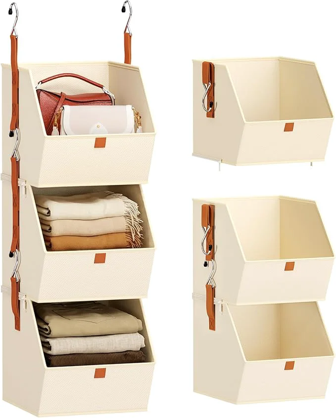 Top-Quality Collapsible Hanging Closet Organizer - 3 Tier Closet Shelves Storage System with Hooks Fabric Hanging Storage Bins for Clothes Foldable Storage Basket for Laundry Bedroom Rv BeigeAbout ThisOverview Trendy