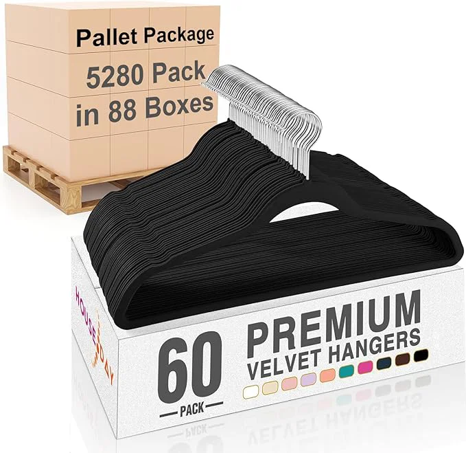 Organic HOUSE DAY Black Velvet Hangers 5280 Pack 88 Cases 60P Case Pallet Package for Small Business Non Slip Clothes Felt Hanger Heavy Duty for Coat Premium Slim Space Saving Suit HangersAbout ThisOverview Trendy